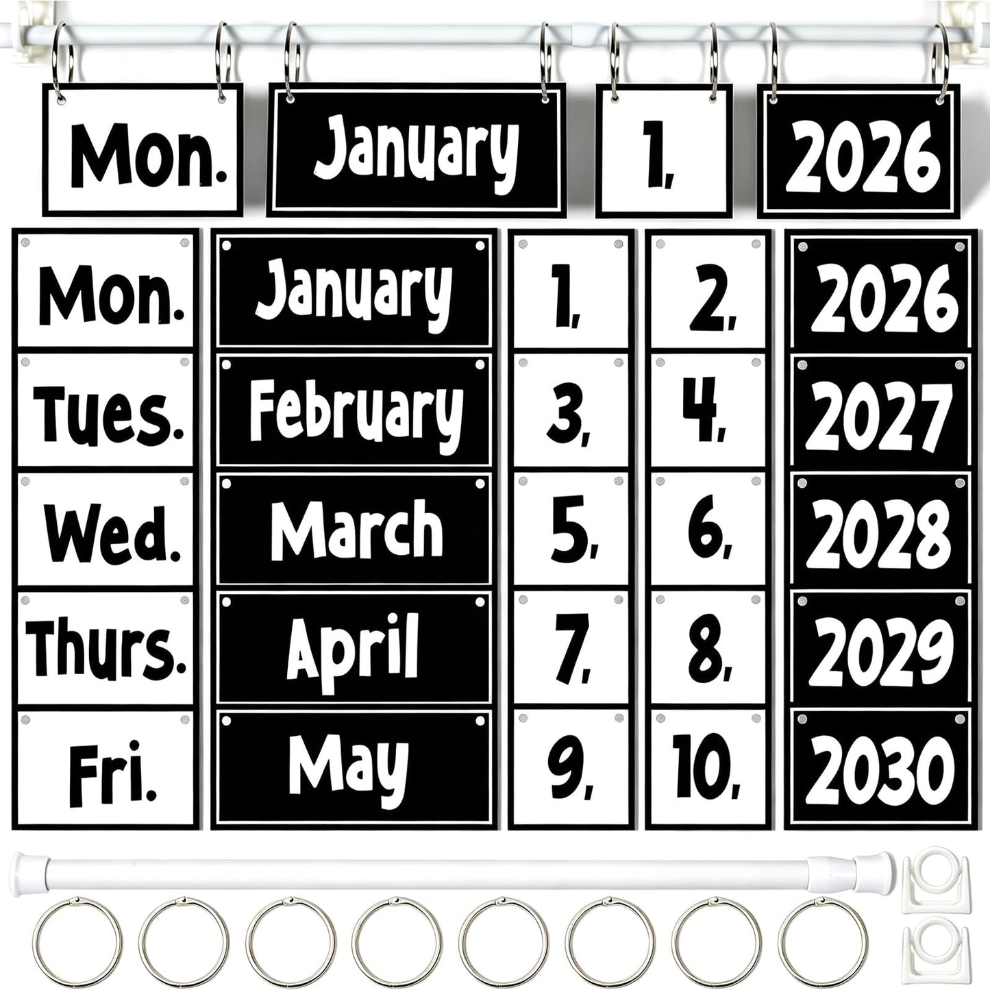 Black White Flip Calendar Bulletin Board Set Black Calendar for Classroom Whiteboard Decor with 2026 to 2030 Years Date Cards and Adjustable Rod for Home Elementary Back to School Teacher Supplies