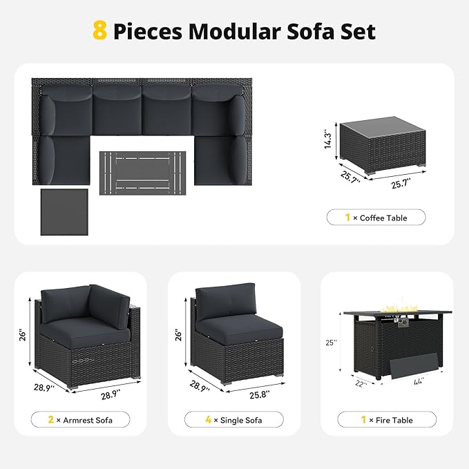 Aoxun Patio Furniture Set with Fire Pit Table, 8 Piece Outdoor Sectional Sofas