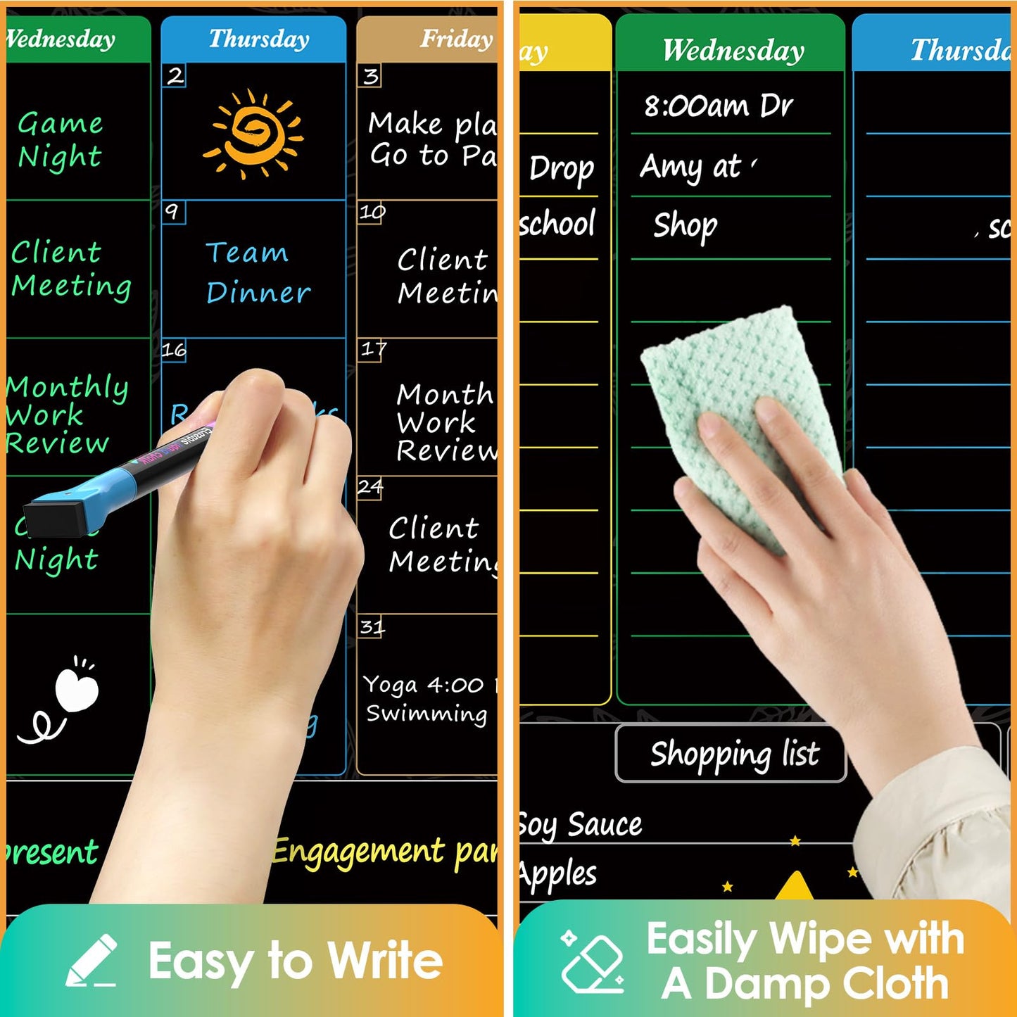 MaxGear Black Magnetic Calendar for Refrigerator, 16x12 Monthly and Weekly Dry Erase Fridge Whiteboard, Menu Schedule Planner Board, to-Do List, Notepad with 7 Markers,1 Eraser, and 1 Shopping List