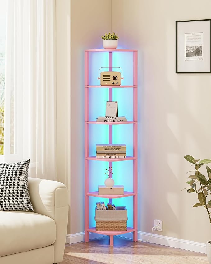 TUTOTAK Corner Shelf with LED Light, 6-Tier Corner Bookshelf