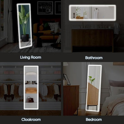 OLIXIS 16"x 60" LED Full Length Mirror with Lights, Standing Lighted Floor Full Body Mirror with 3 Color Lighting, Wall Mounted Mirrors for Bedroom, Home, Entryway with Tempered Glass
