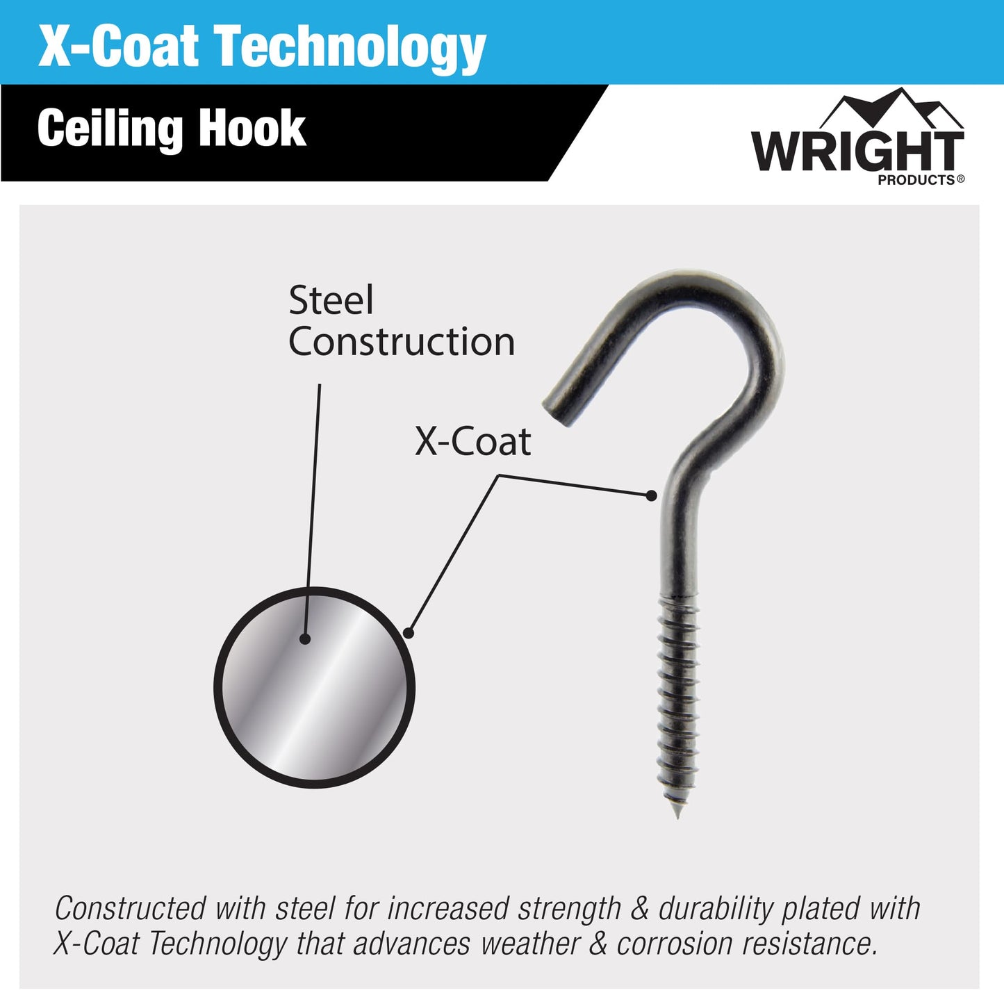 Wright Products Ceiling Hook, 10-Pack, 5 inch x .38 inch, Heavy-Duty, Weather Resistant for Indoor or Outdoor Use, for Hanging Plants, Lights, and Decorations - Matte Black