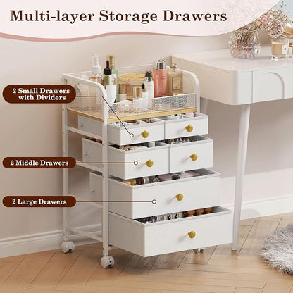 Rolling Makeup Cart Organizer with 6 Drawers, Makeup Storage with Wheels, Floor Skincare Organizers Vanity Storage Organizer Cosmetics Display Cases for Skin Care Perfume Nail Polish, White
