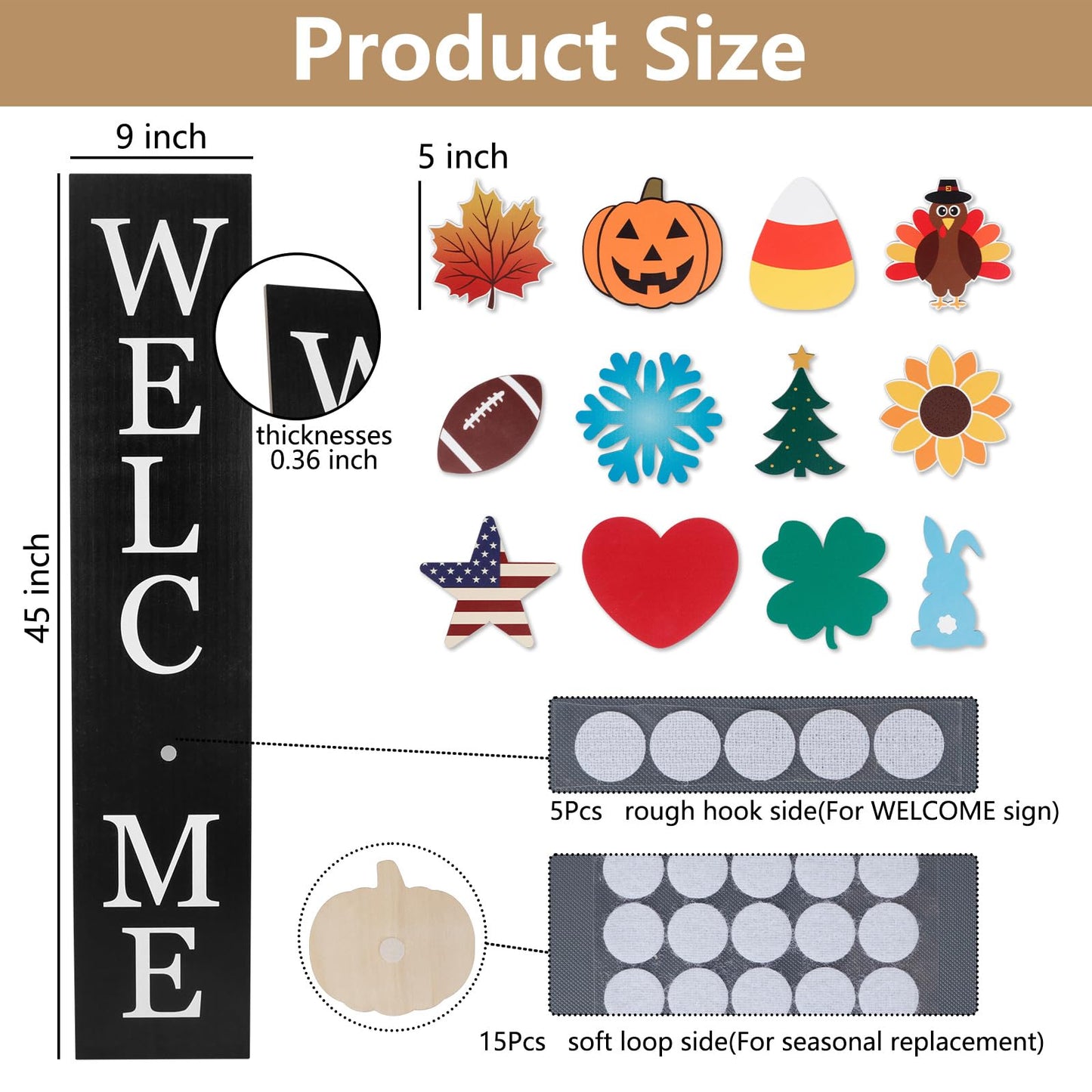 Interchangeable Welcome Sign for Front Porch- 45"X9" Large Standing/Hanging Wooden Sign with 12 PCS Replaceable Icons for 4th of July Fall Halloween Porch Wall Yard Decorations (Black)