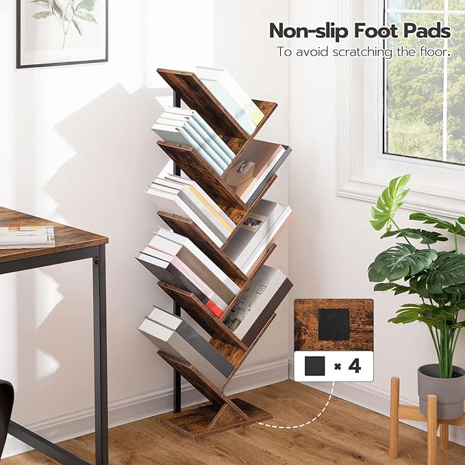HOOBRO Tree Bookshelf, 9-Tier Bookcase Wooden Shelves, Floor Standing Storage