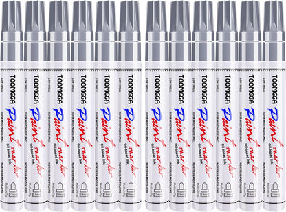 Silver Paint Pens Paint Markers - 12 Pack Permanent Markers Oil Based for Metal Wood, Pens for Metal, Car Tyre, Wood, Plastic, Rock Painting, Glass, Craft Supplies, Waterproof