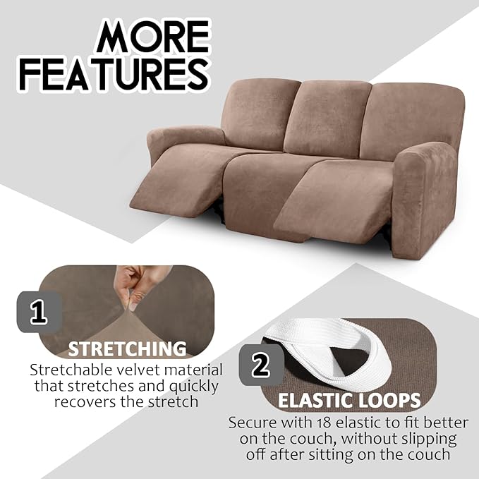 ULTICOR Velvet 8-Pieces Recliner Sofa Covers Stretch Reclining Couch Covers