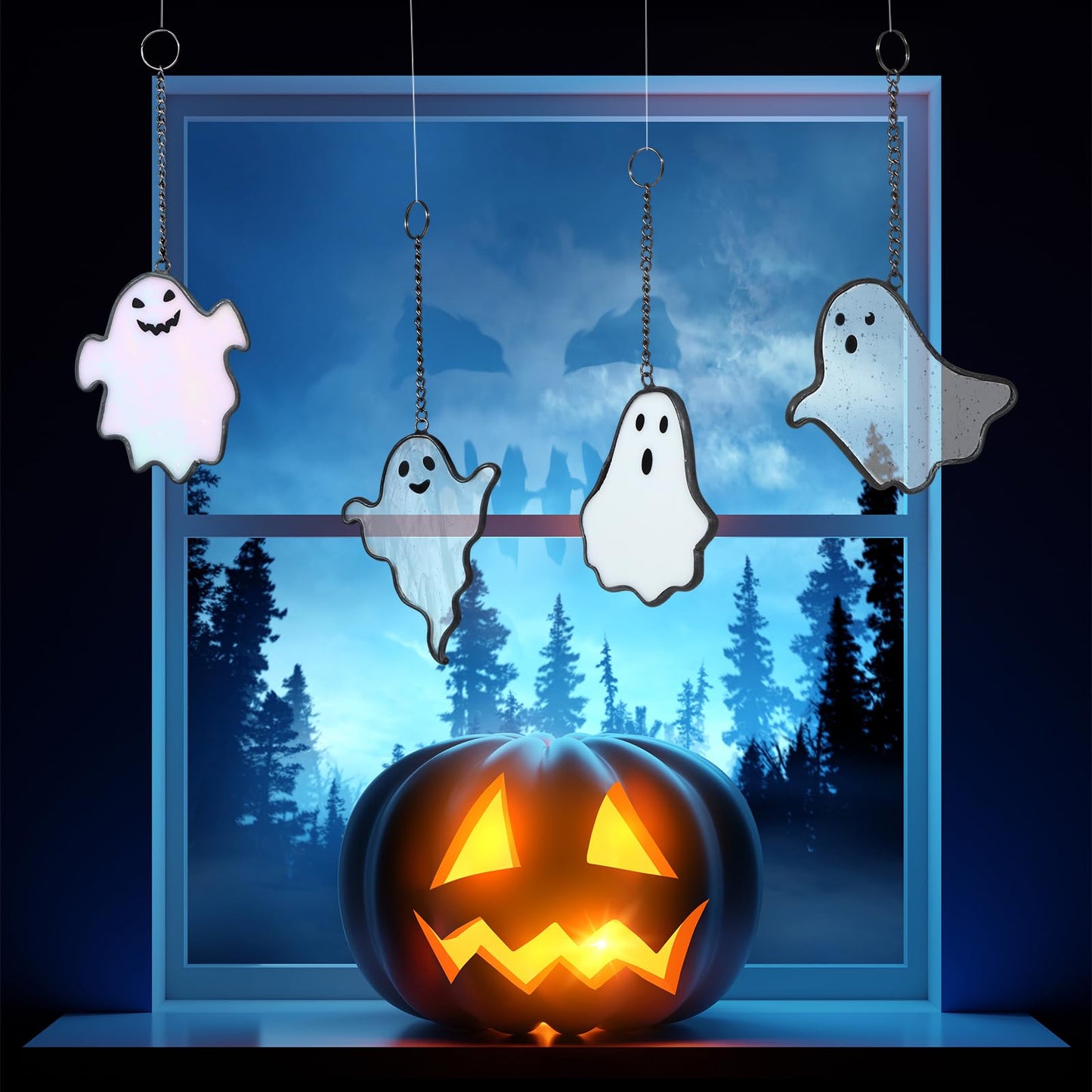 Yungyan 4 Pcs Halloween Ghost Stained Glass Suncatcher Hand Painted Window Hangings Suncatcher Halloween Goth Decoration for Home, Office, Kitchen, Living Room, Wall