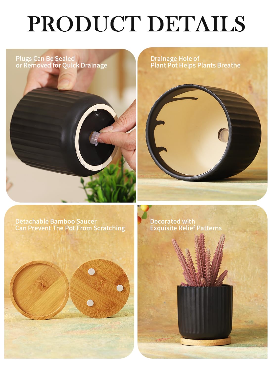 OMAYKEY 4 Inch Ceramic Plant Pot with Saucer, Small Planters Pots with Drainage Hole and Mesh Pads for Succulent, Cactus, Herbs, Stripe Pure Black