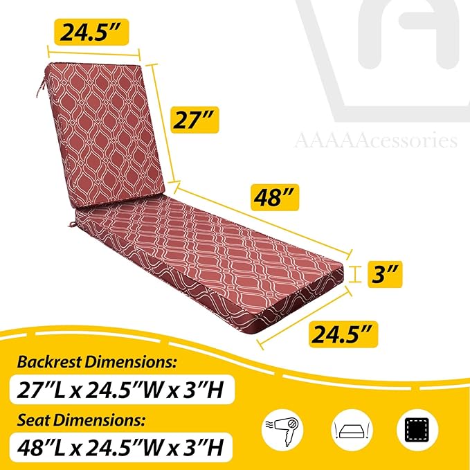 AAAAAcessories Outdoor Chaise Lounge Cushions, Fade-Resistant, Waterproof Patio