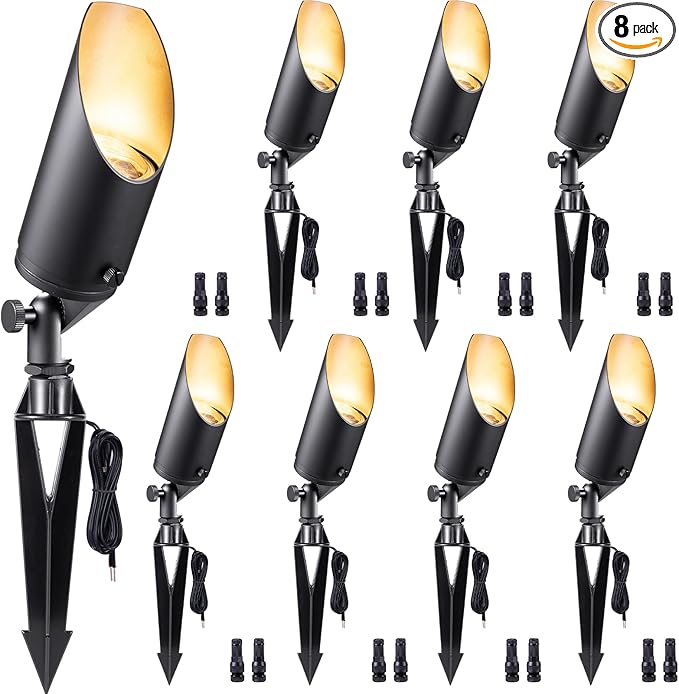Gardenreet Brass Spot Light Low Voltage - Outdoor Landscape Spotlights, 12V Landscaping LED Uplights, Hard-Wired Adjustable Shield All Weather Black for Backyard Lawn with No Bulbs (8 Pack)