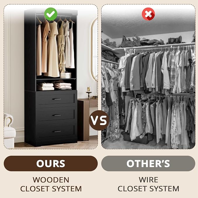 IRONCK Freestanding Closet System with 3 Wood Drawers, Modern Armoire Wardrobe with Adjustable Shelves & Hanging Rod, Walk-in Closet Systems Organizer for Small Closet, Black
