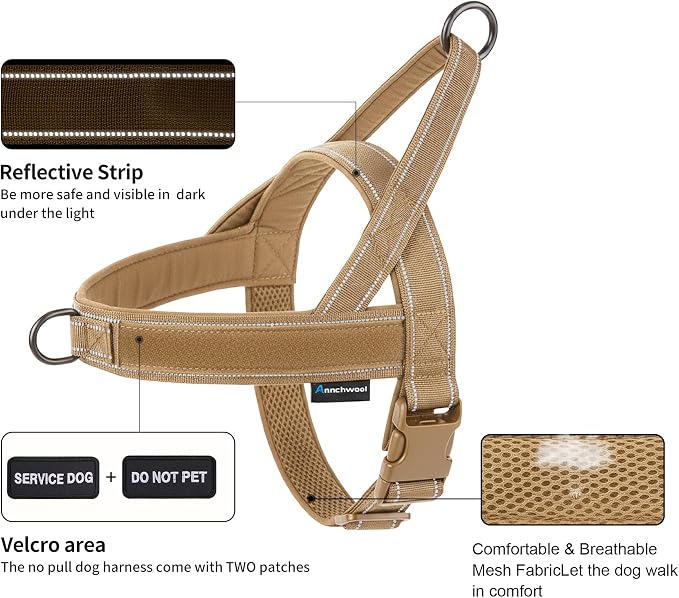 Annchwool No Pull Dog Harness,Heavy Duty Reflective Collar & Leash Set-Leash with Double Handle & Car Seatbelt Clip-Easy Control for Walking Training Medium Large Size Dogs(Brown,L)