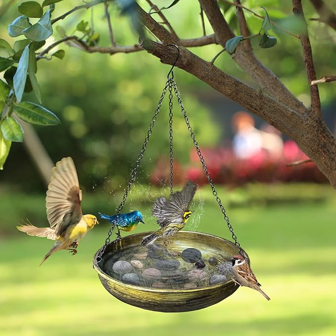 TIANCENTRAL H Hanging Bird Bath for Outdoor-11.4 Inch Bird Baths for Backyard Metal Bird Bath Bowl Outdoor Window Birds Feeder with 17”Rust-Proof Black Chains for Garden Yard and Patio Decor