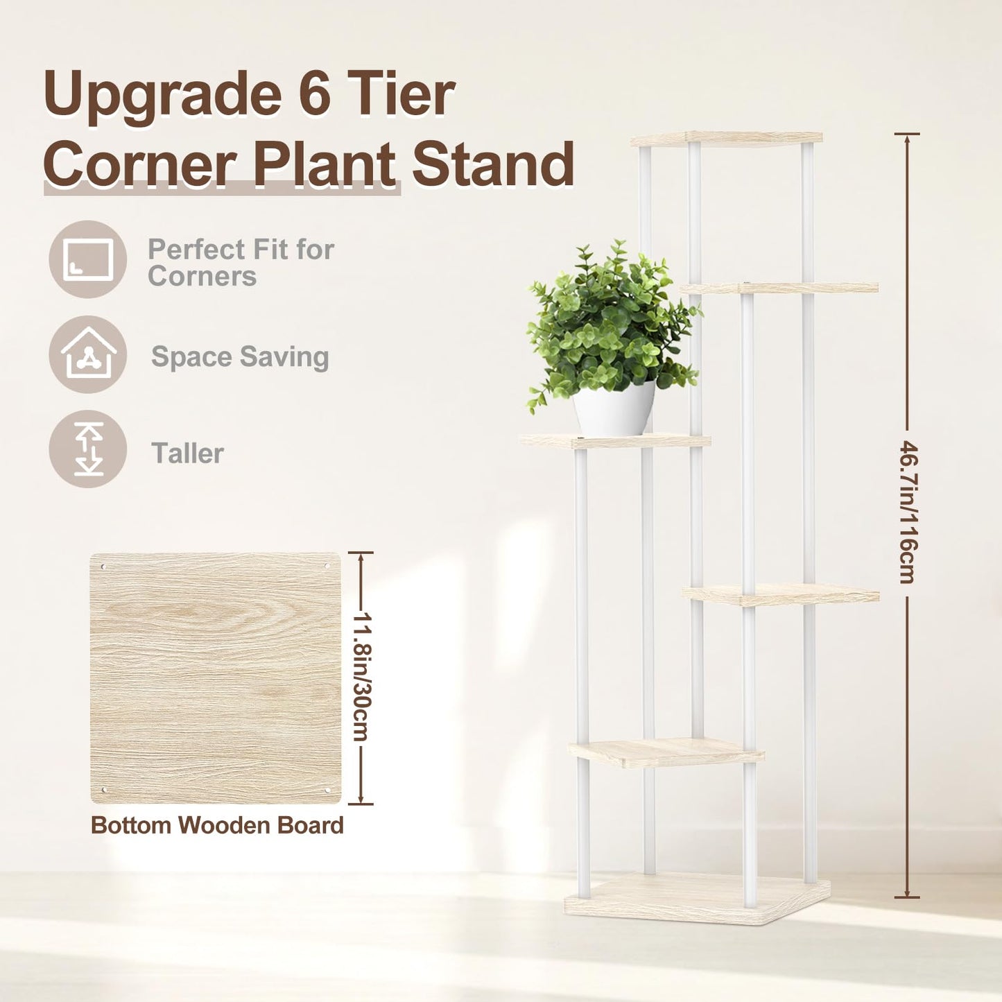 Oppro 6 Tier Tall Plant Stand Indoor, Large Metal Wood Muti Level Vertical Planter Shelf Orchid Holder for Narrow Corner, Sturdy Heavy Duty Flower Display Rack for House Decor Living Room Bedroom, White