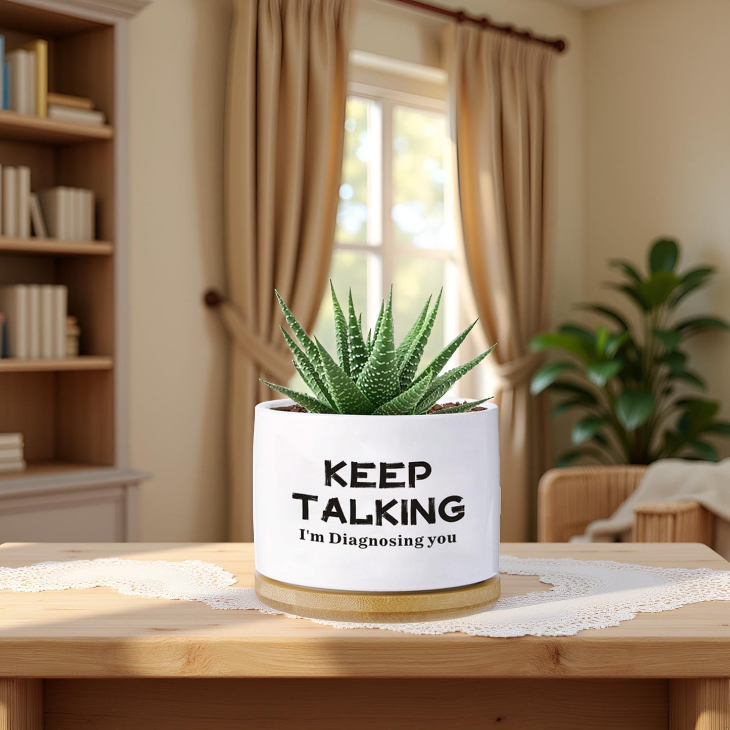 Psychology Decor Gifts,Keep Talking I'm Diagnosing You Funny Succulent Planter with Bamboo Tray - 3.5 Inch Funny Desk Decor, Psychologist Therapist Gift (White)(No Plants)