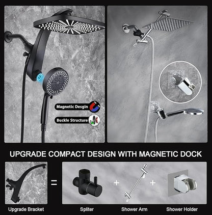 BOZYBO Rain Shower Head with Handheld: High Pressure Shower Heads with Handheld Spray Combo, 12" Rainfall Shower Head and 9 Sprays Hand Showerheads with Magnetic Docking and Power Jets, Black 1.75GPM