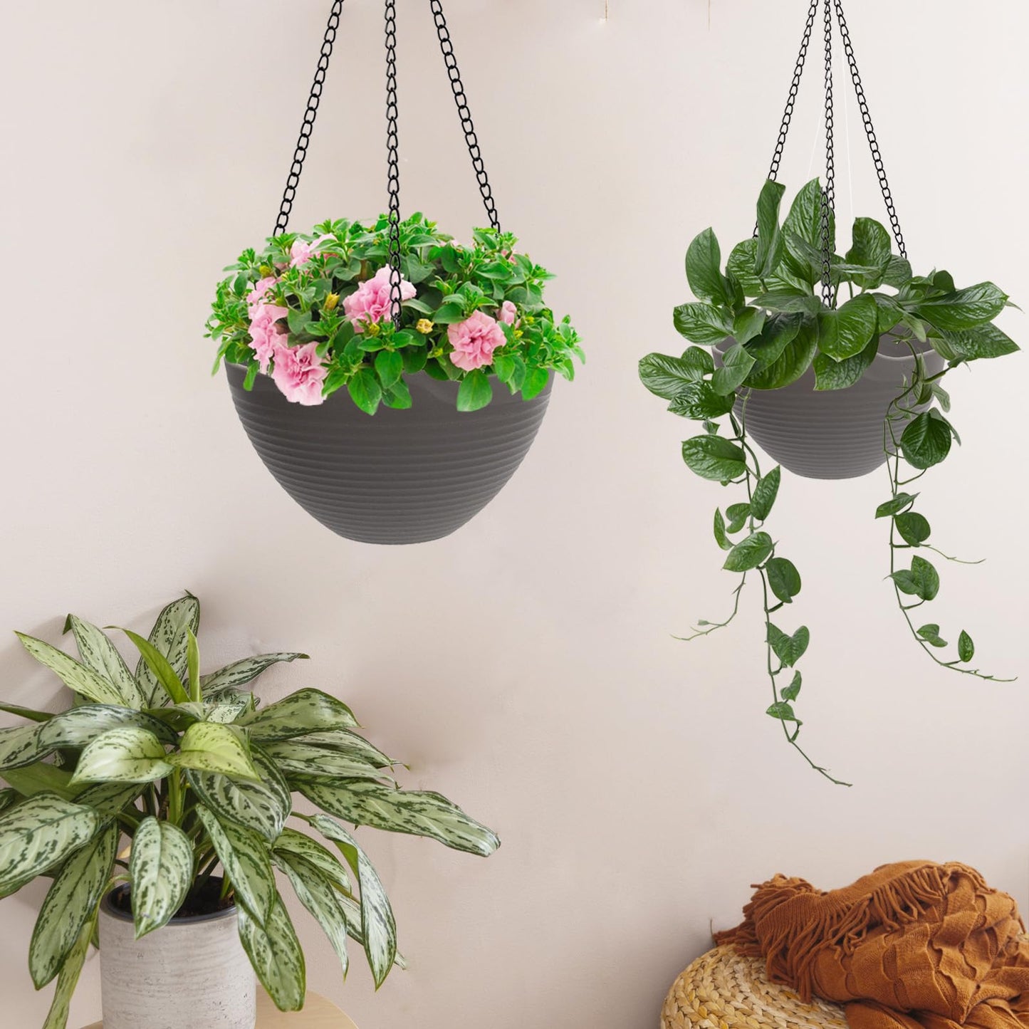 One Boat Hanging Planters for Indoor Plants 3 Pack - 7/8/10 Inch Plastic Hanging Pots with Water Sieve Mesh, Small Hanging Pots for Home Garden, Porch, Balcony & Patio Decor, Black