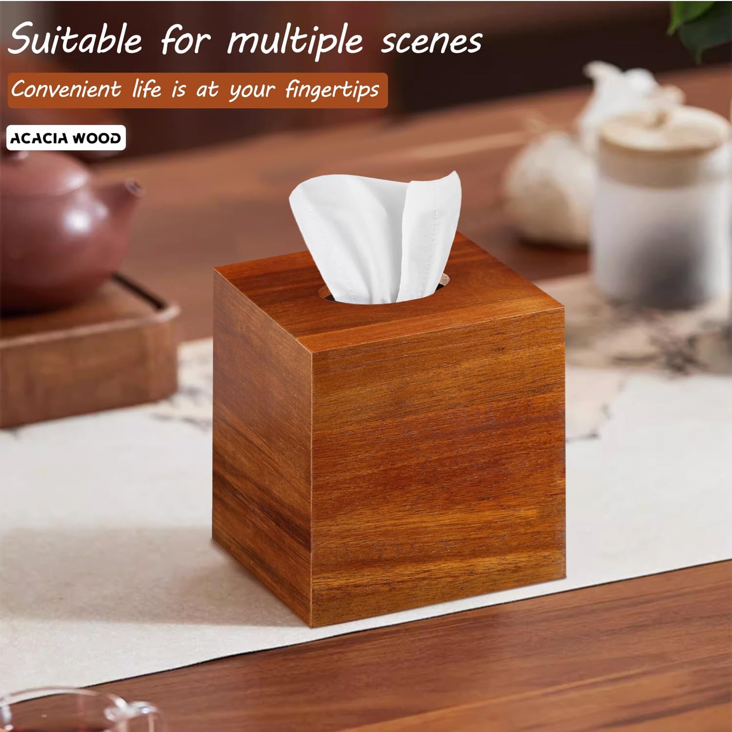 BIBELUN Square Tissue Box Cover,Acacia Wood Tissue Box Holder for Desktop Nightstand Bathroom Office,Decorative Facial Tissue Cube Box Cover/Organizer for Modern Home Decor