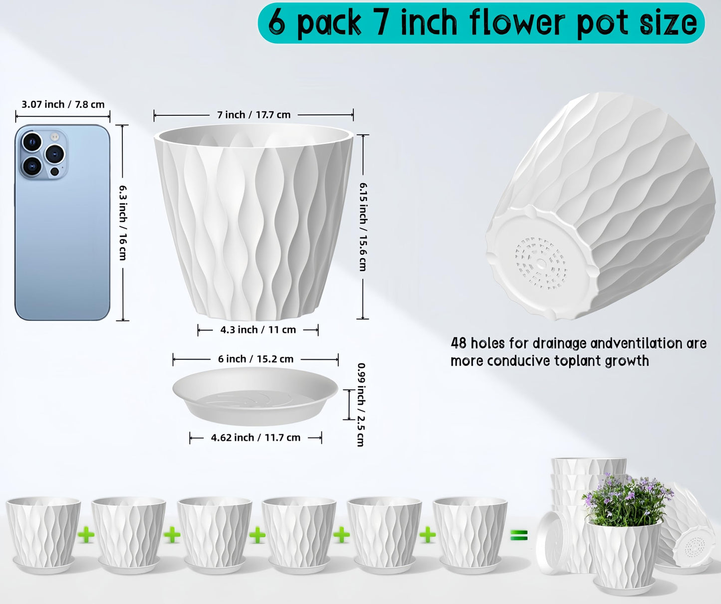 zople 6 Pack 7 Inch Plant Pots with Drainage and Saucers, White Plastic Flower Pots for Indoor and Outdoor Plants, Stackable Nursery Planters for Houseplants and Herbs, White