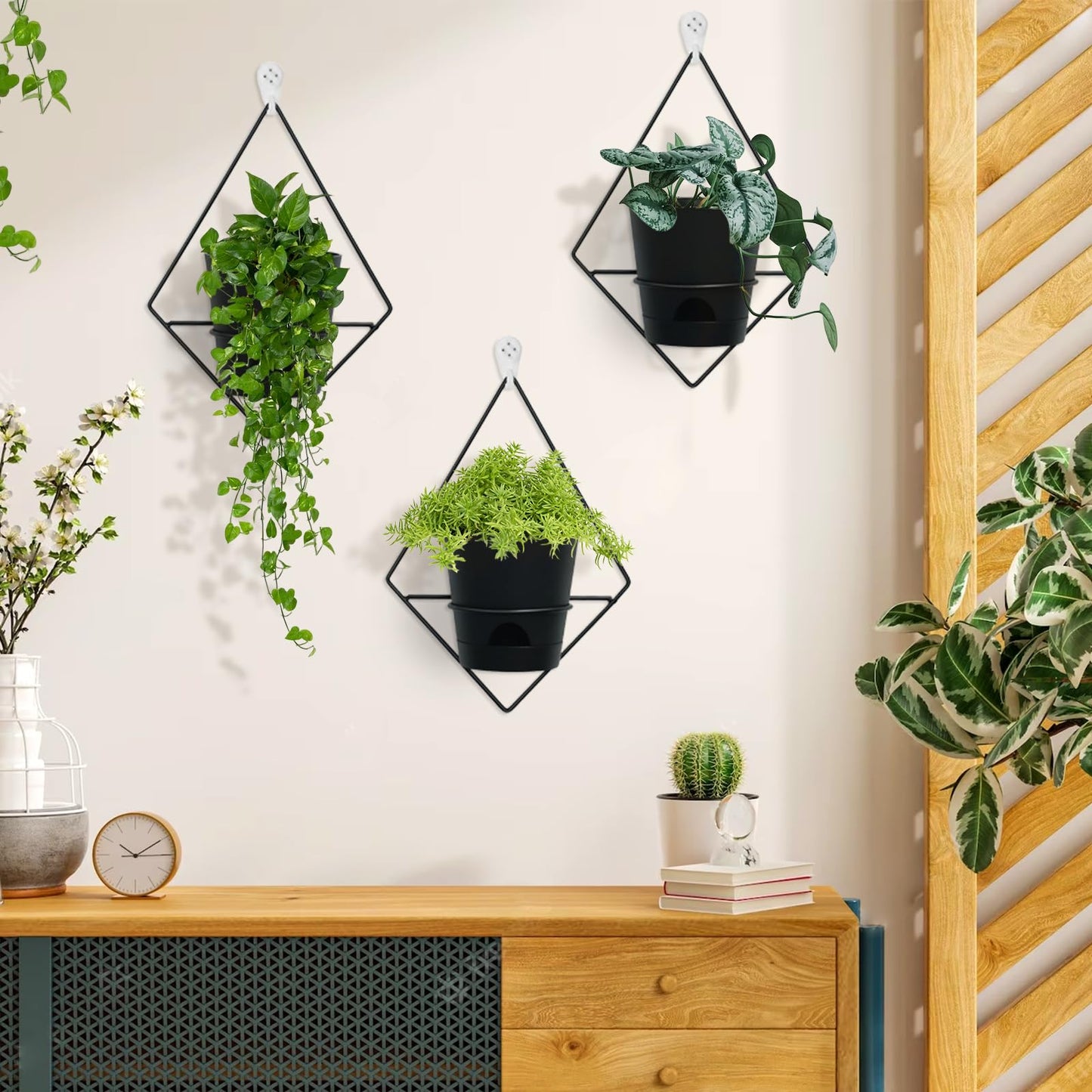 Koalaime 3 Sets Wall Planters for Indoor Plants Geometric Hanging Planters for Indoor Plants - Self-Watering Flower Pots with Black Metal Holder, Mounted Succulent Planter, 5" Black Plant Pot