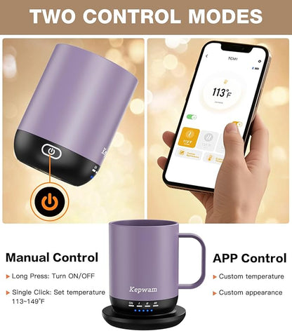 Kepwam Self Heating Coffee Mug T1-16oz Fast Heating & Ultra Long-Lasting Battery Life, Heated Coffee Mug Up to 149℉ - Touch & App Controlled Coffee Mug, Birthday Gifts for Women and Men