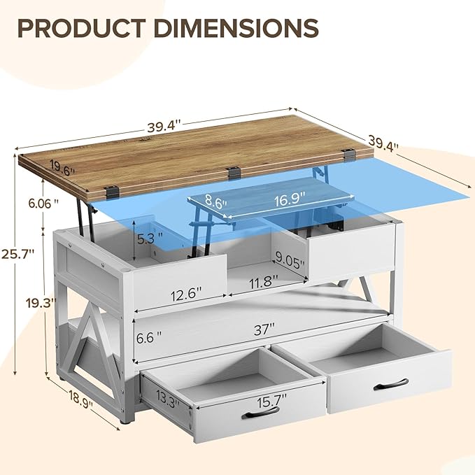 Memobarco 40" Lift Top Coffee Table, 4 in 1 Multi-Function Lift Coffee Tables