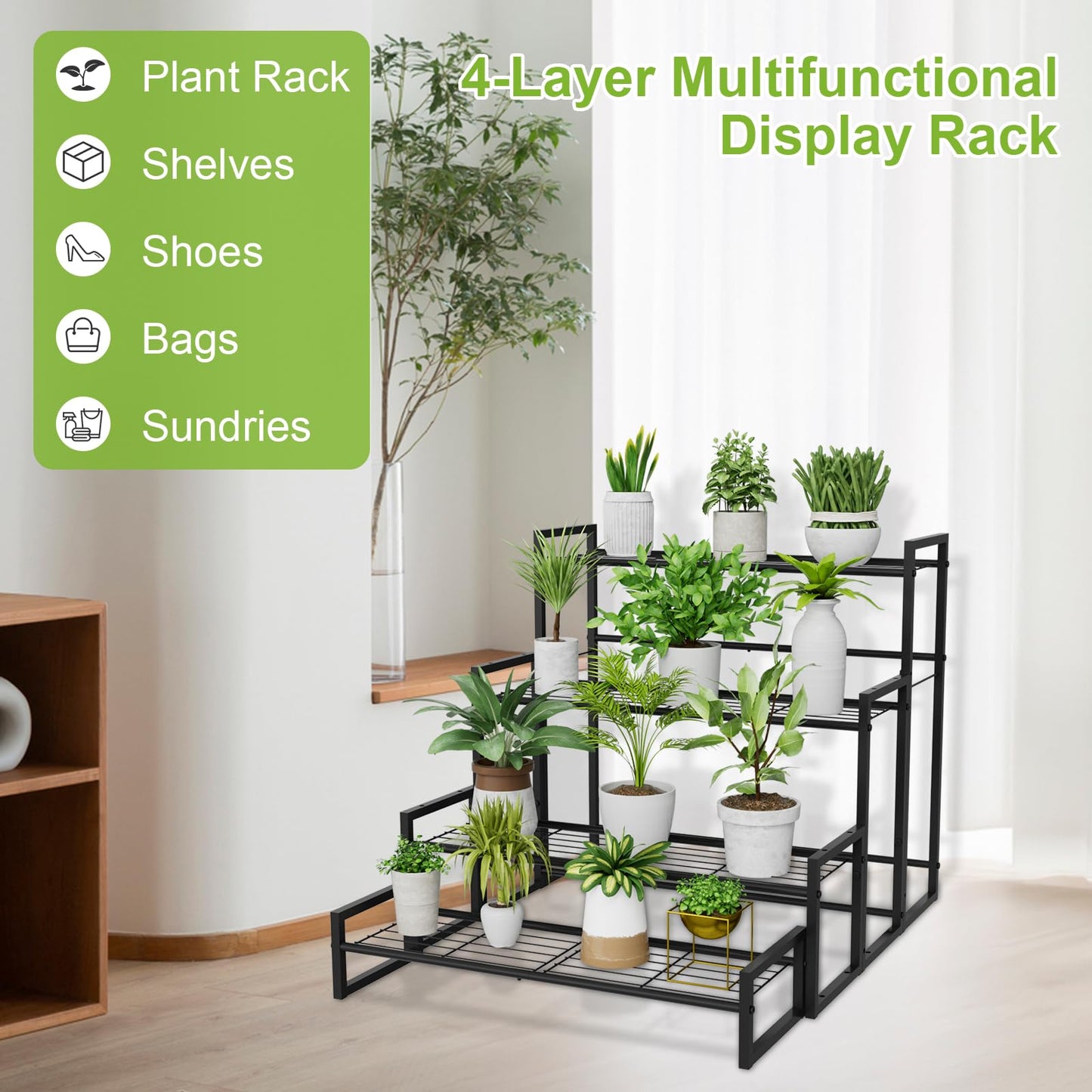 VyGrow Plant Stand, 4 Tier Stackable Tiered Plant Stand, Scalable Heavy Duty Tall Plant Shelf for Indoor Outdoor, Garden, Display Shelves, Flower Pot Holder, Black