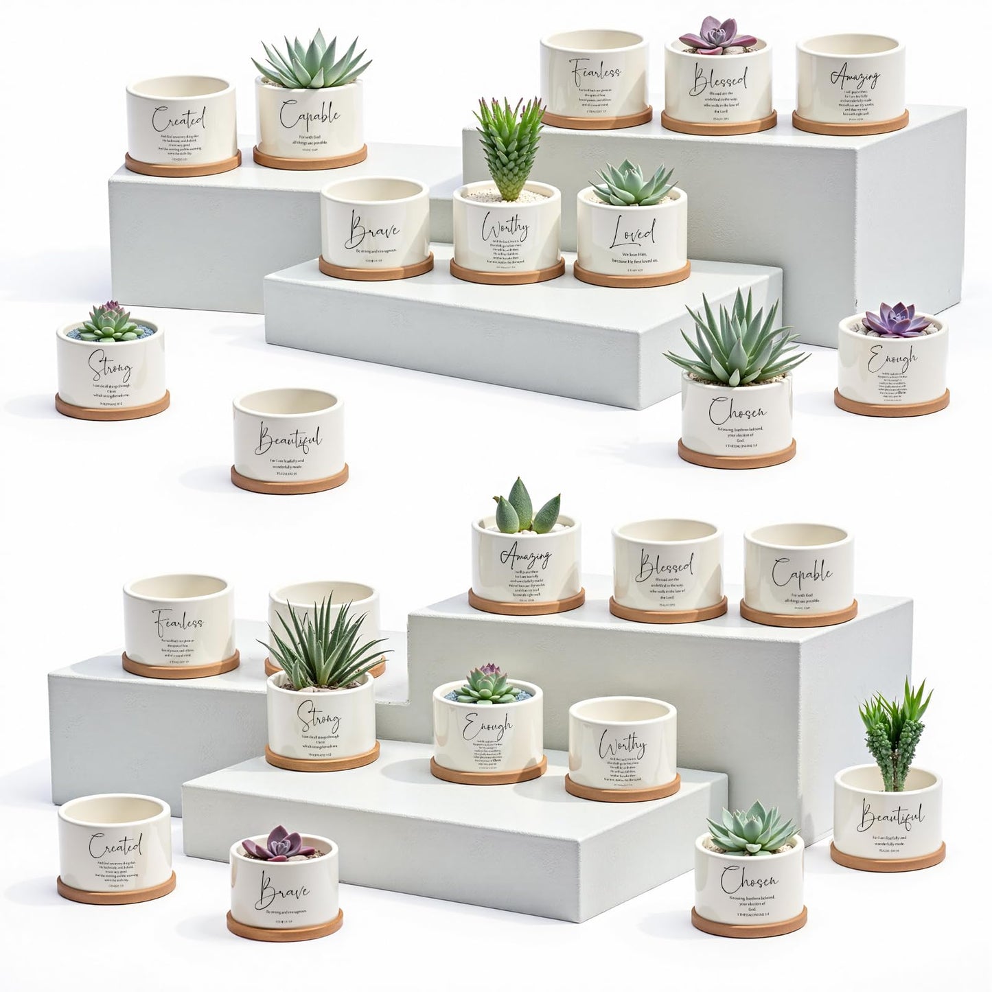 Fumete 24 Set 36 Set Father's Day Christian Religious Gift Bulk Bible Verse Succulent Pots with Tray Drainage, 12 Scripture Quote, 3x2 in Mini Ceramic Flower Planter for Home Church Gift (Affirmation)