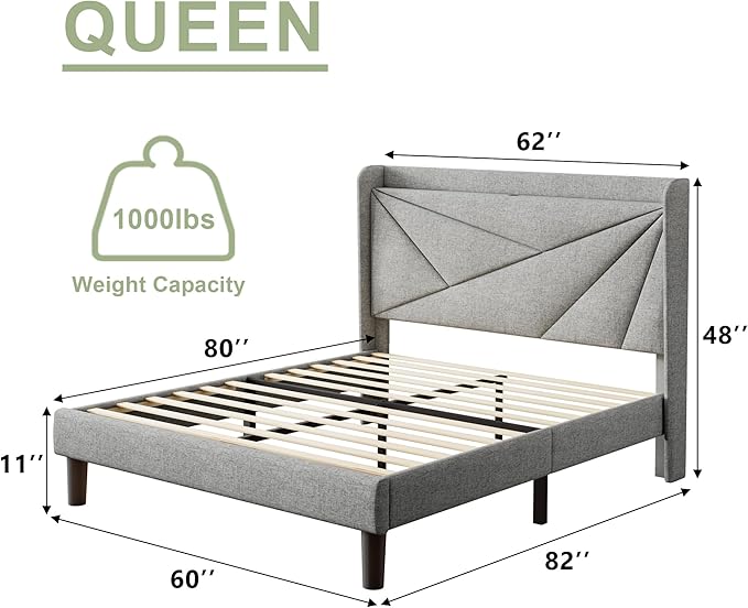 Feonase Queen Bed Frame with Charging Station, Linen Upholstered Platform