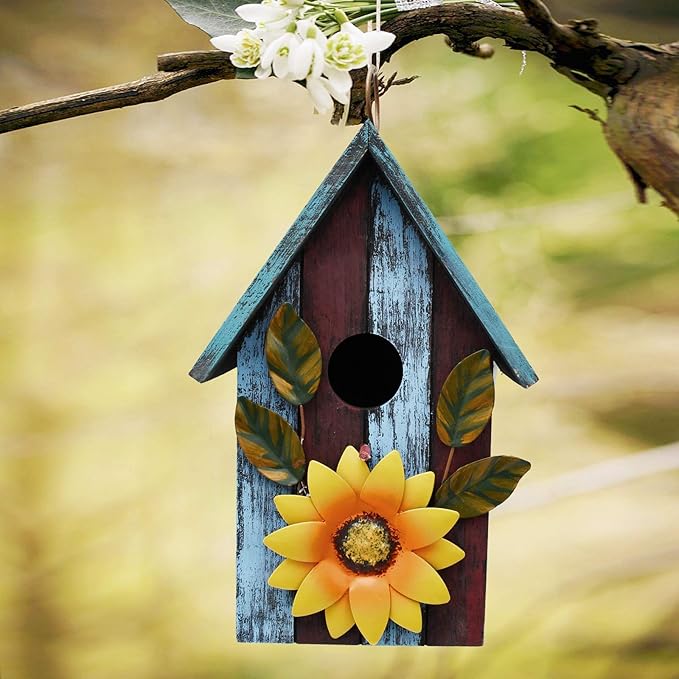Morning View Wooden Bird Houses for Outside Decorative Hanging Nest Box Birdhouse Spring for Outdoor Small Birds Bluebird Finch Cardinals Wren Garden Yard 9.37 Inch Tall (Blue)