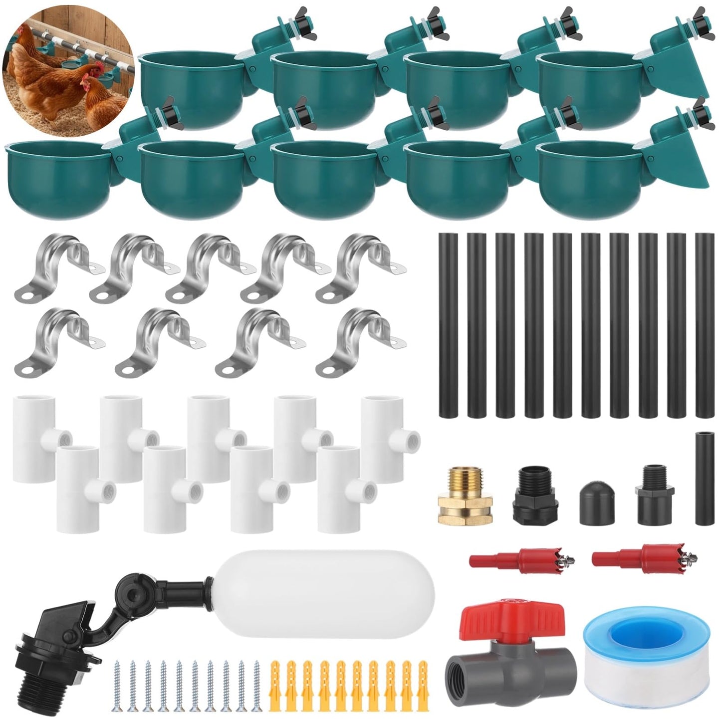 Complete Chicken Automatic Waterer System Kit - Includes 9 Chicken Water Cups, PVC Pipe, T-Joints, Float Valve, Poultry Watering, DIY Chicken Water Feeder for Broiler, Duck, Goose, Farm Birds