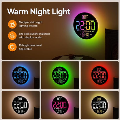 JALL 10" Large Digital Wall Clock with Remote, RGB Color, Big LED Display, Alarm Countdown Timer, DST, Temperature, Decor for Bedroom Living Room Gym Gaming Room, Easy to Read Clock for Seniors