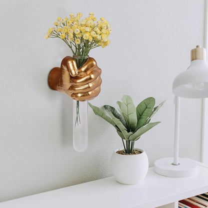 Gold Wall Sculptures, Hand Vases Home Decor, Wall Mount Art Sculpture, Unique Wall Art Statue, Funky Flower Vase Decorations, Modern Eclectic Hanging Decor,Glass Test Tube Vase
