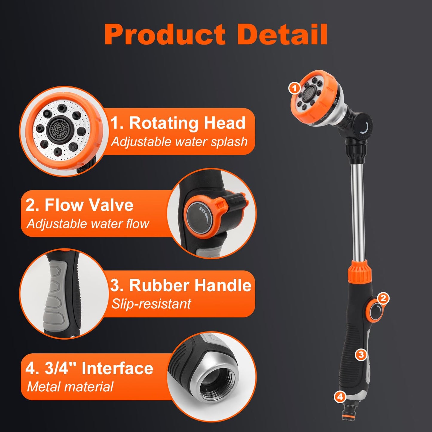 LangRay Watering Wand, 18.5 Inches Long Garden Hose Wand with 180° Swivel Head, 8 Spray Patterns, Adjustable Garden Sprayer Wand with Nozzle