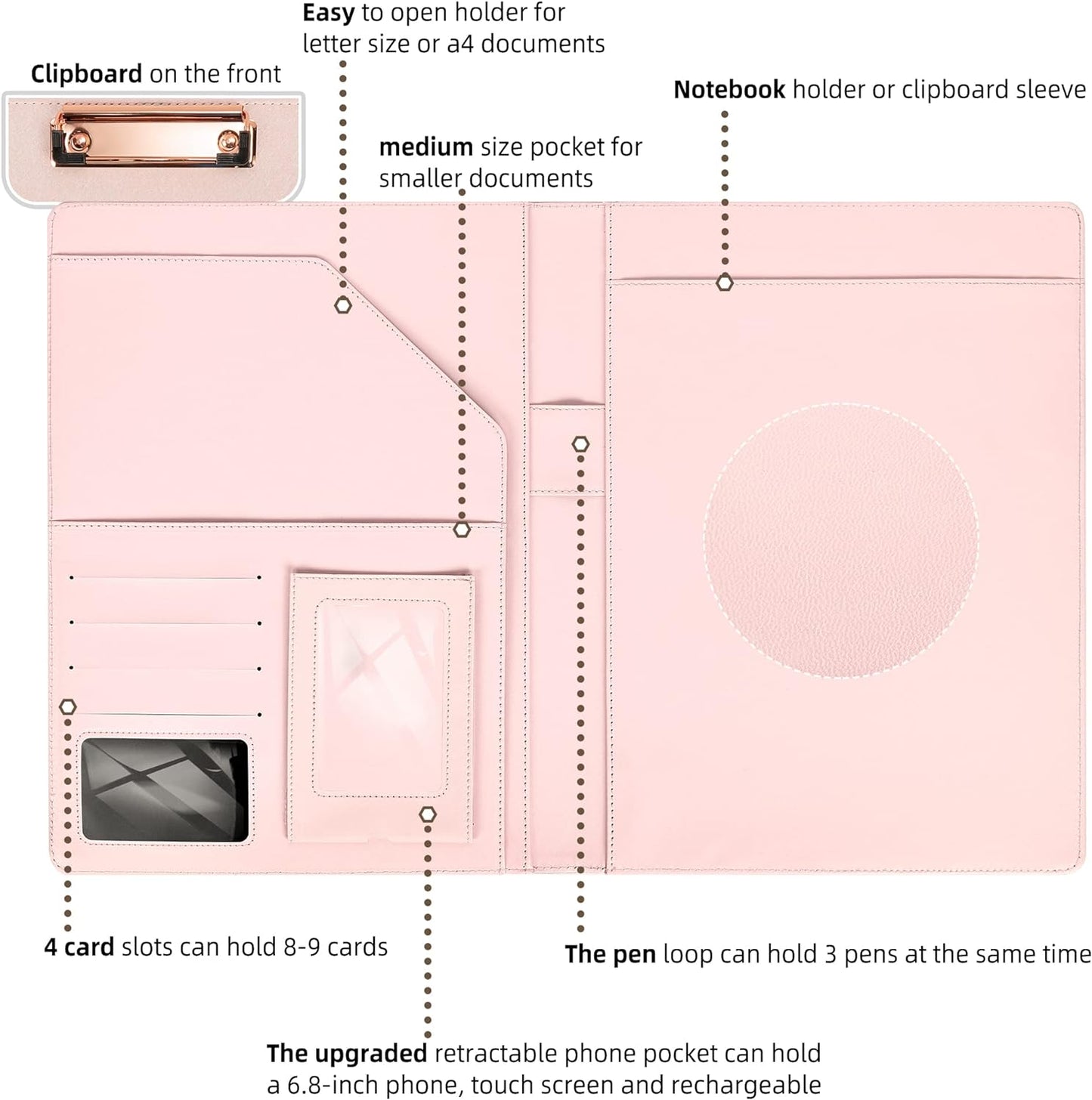 Leather Portfolio Organizer Women Clipboard with Storage Pink Clip Board for Notepad,Phone,Cards