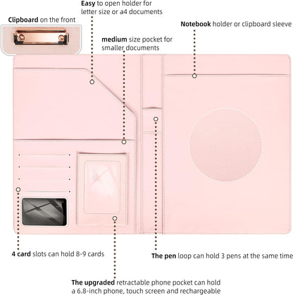 Leather Portfolio Organizer Women Clipboard with Storage Pink Clip Board for Notepad,Phone,Cards