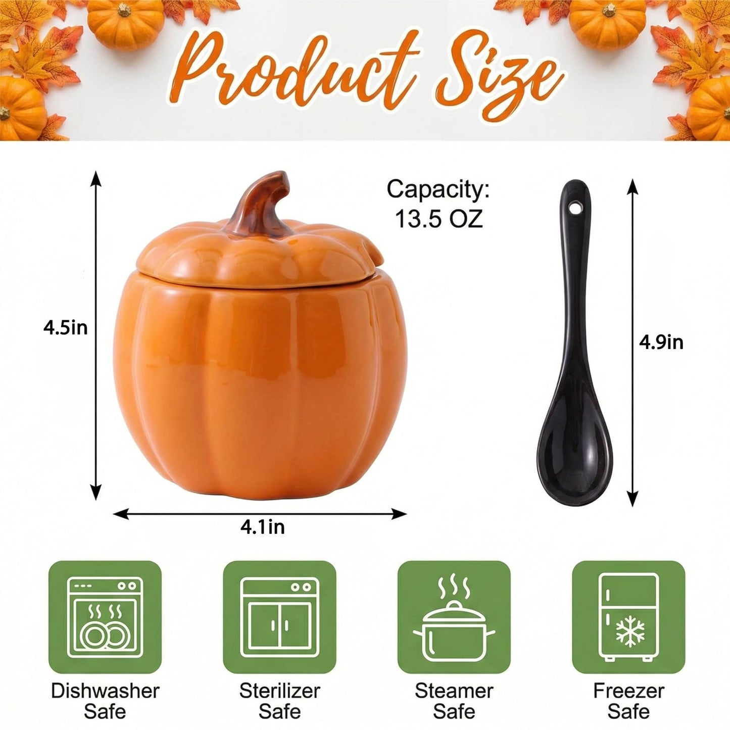 FTNESGYM Ceramic Salt Cellar with Lid and Spoon, 13.5oz Cute Pumpkin Shaped Spice Jar for Sugar, Salt, Spice, Decorative Spice Container for Fall Harvest & Halloween & Thanksgiving (Pumpkin)