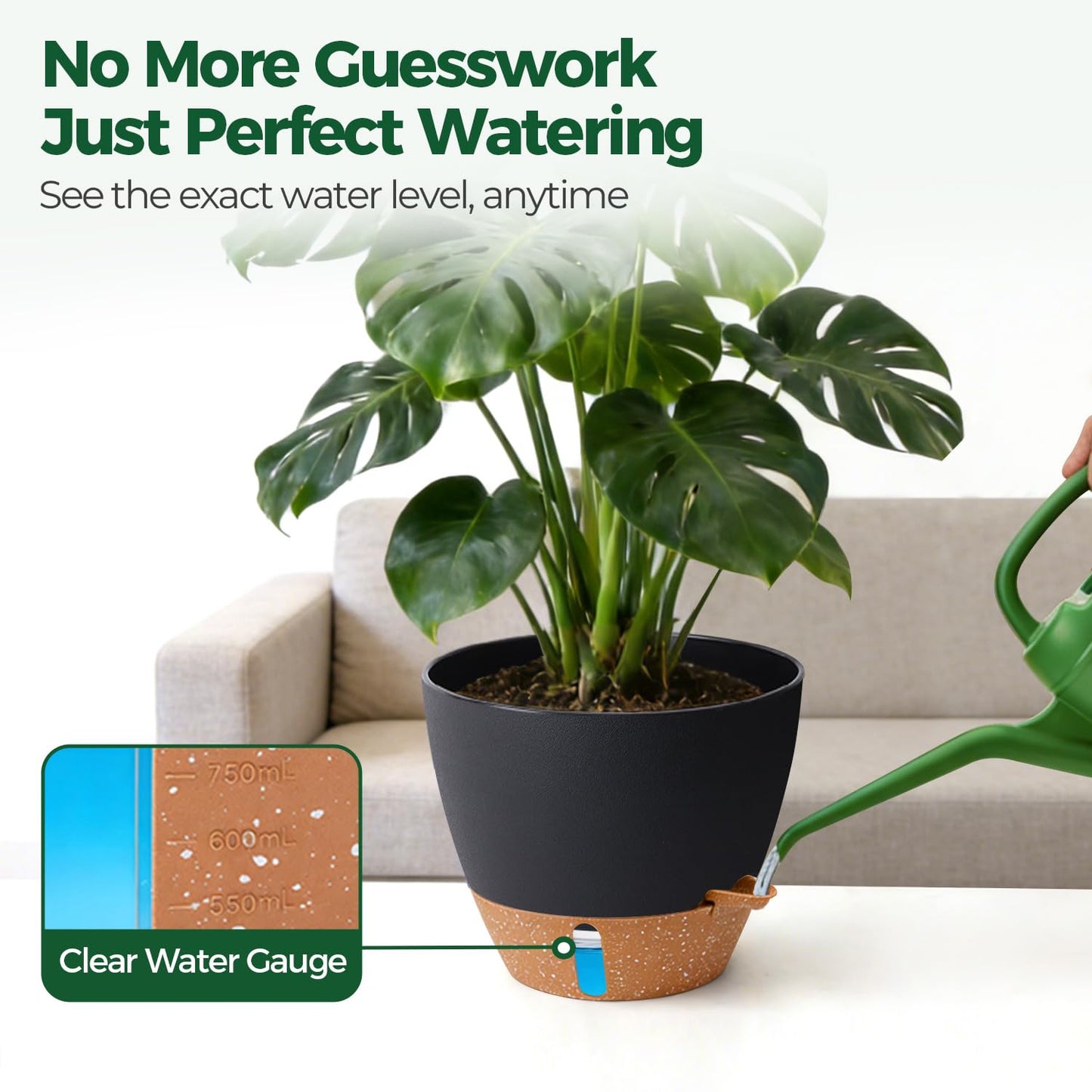 T4U 3 Pack Self Watering Pots (8"+10"+12") - Water Level Indicator & Deep Reservoir, Mess-Free Planters for Busy People, Beginners & Gardeners, Fits Pothos to Monstera, Indoor Outdoor Use (Black)