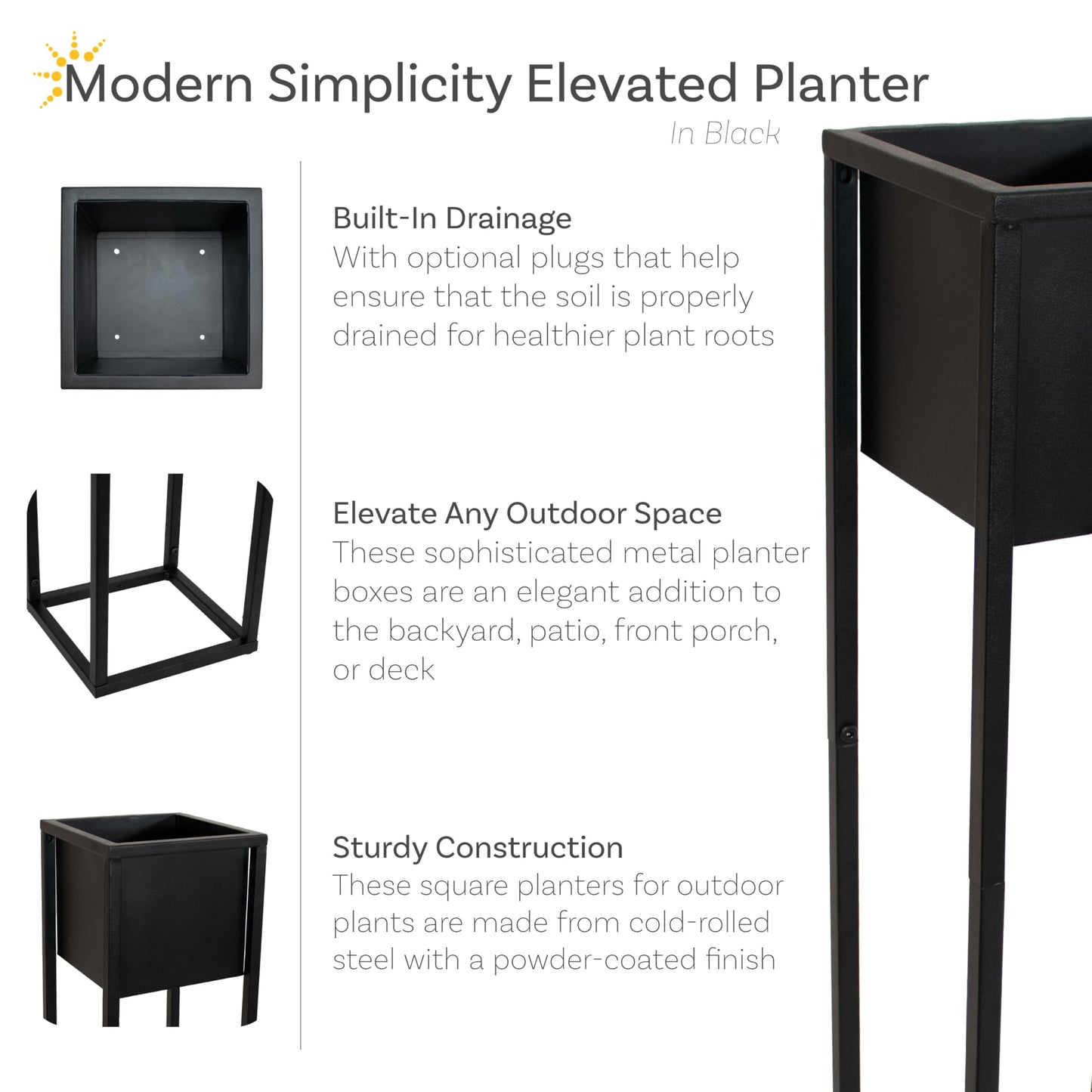 Sunnydaze Modern Simplicity 8.25" Square Metal Raised Planter Box with Legs - Set of 2 - Indoor or Outdoor Use - Black - 27" H