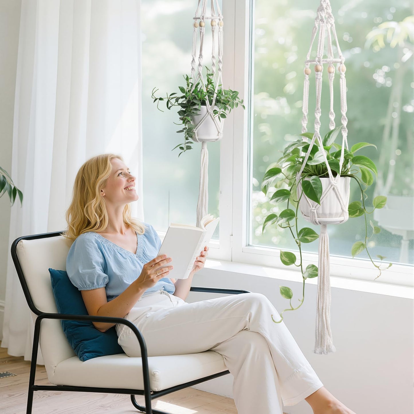 MSFON 2 Pack Macrame Plant Hanger with Grow Light: Sturdy Hanging Planters for Indoor Plants, Cute Plant Holder with Plant Light, Fits 5–9 Inch Pots (Daylight Spectrum)