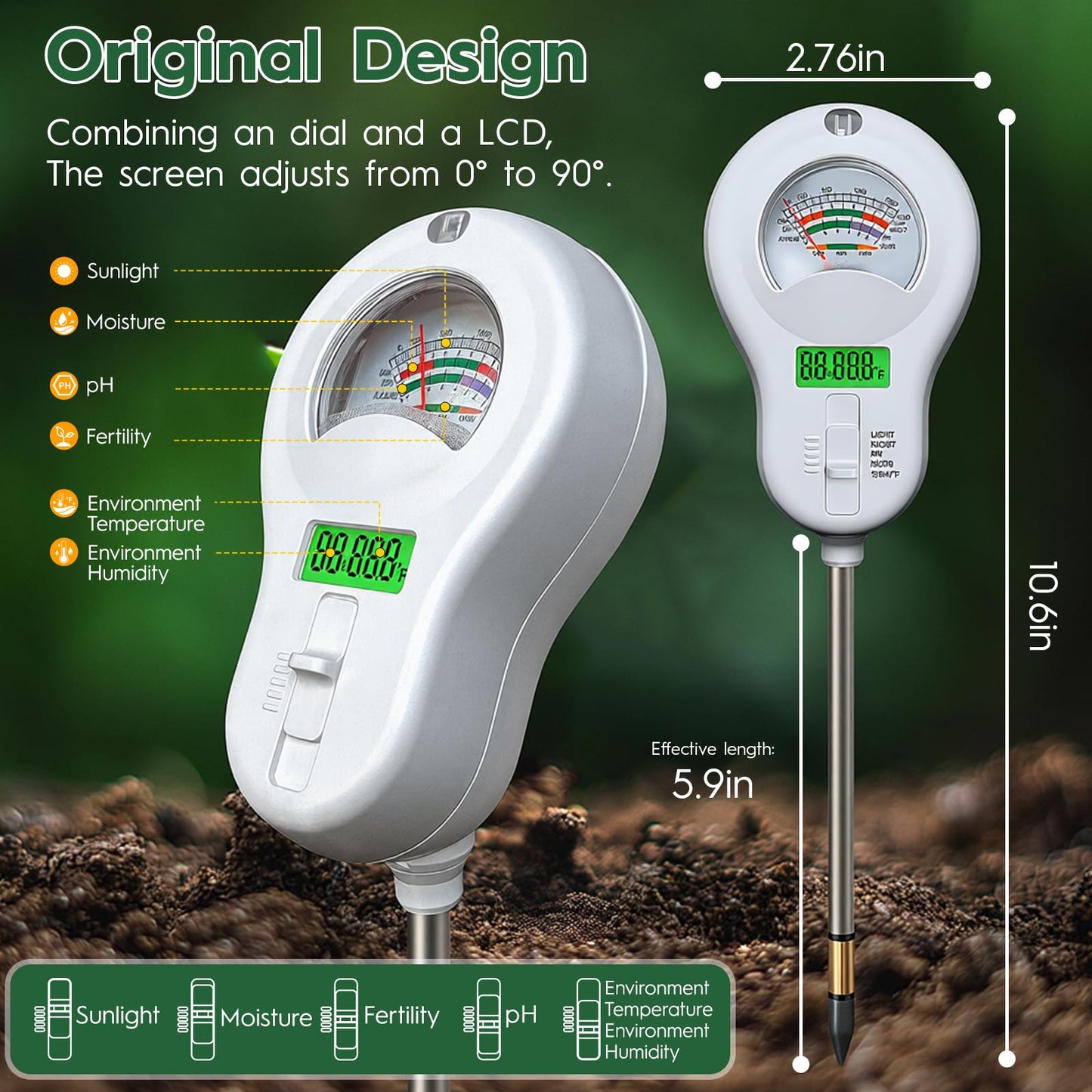 6-in-one Soil Test Kit-Soil Moisture Meter/PH Meter/Fertility/Sunlight Intensity Soil Tester, LCD Air Hygrometer&Temperature Moisture Meter for Plants-Garden, Lawn,Farm,1 Pack Detachable Probe