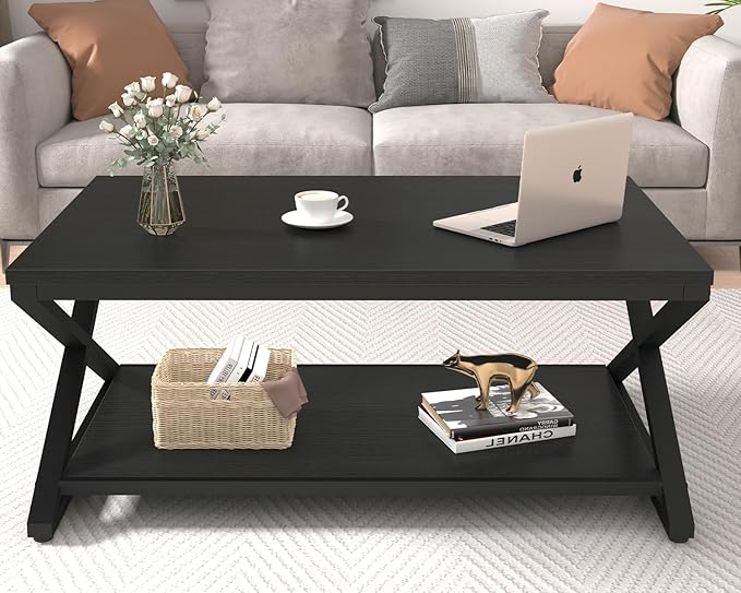 HSH Black Modern Minimalist Metal Wood Living Room Table