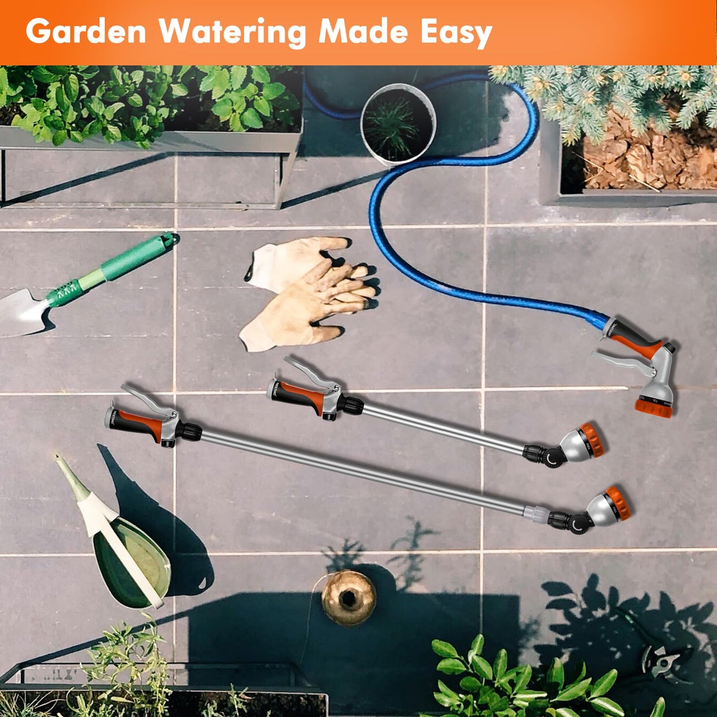 RESTMO 36”-60” Metal Watering Wand, Long Telescopic Tube | 180° Adjustable Ratcheting Head | 7 Spray Patterns | Flow Control, Perfect Garden Hose Sprayer to Water Hanging Baskets, Shrubs, Orange