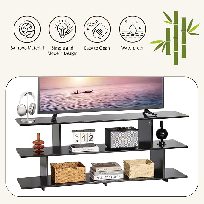Bamboo TV Stand for TVs up to 65", 3 Tier Accent Entertainment Center