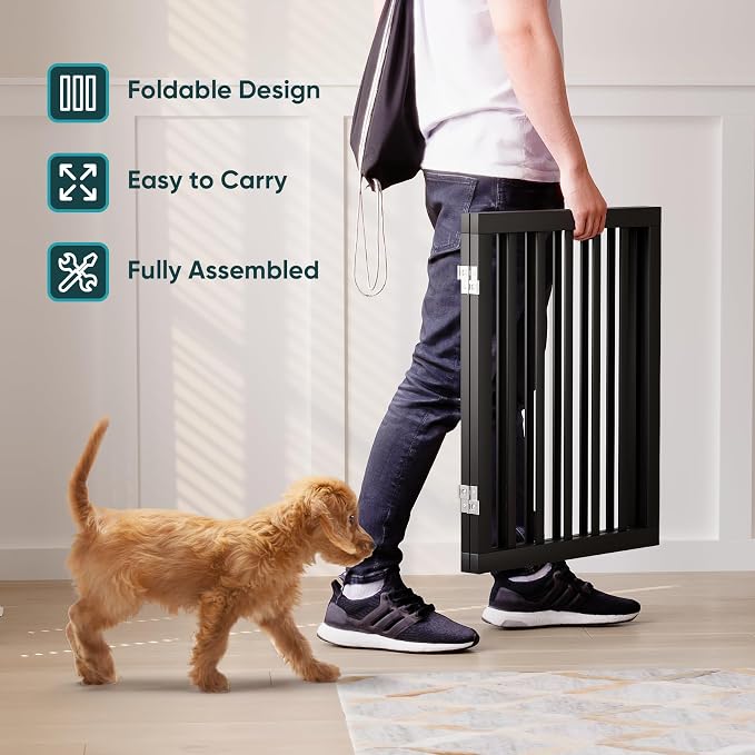 Semiocthome Bamboo Dog Gates Indoor 2-Panel Freestanding Puppy Gates for The House with 2 Metal Stands 24" H Folding Wood Pet Gate for Stairs Doorway, Fully Assembled Safety Fence - Black