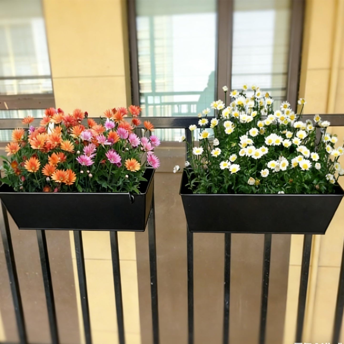 YAYODS 4 Pack Metal Railing Planter Box for Outdoor 16 Inch Hanging Flower Pots for Railing Fence, Deck Hanging Balcony Planters for Garden, Porch, Window (Black)