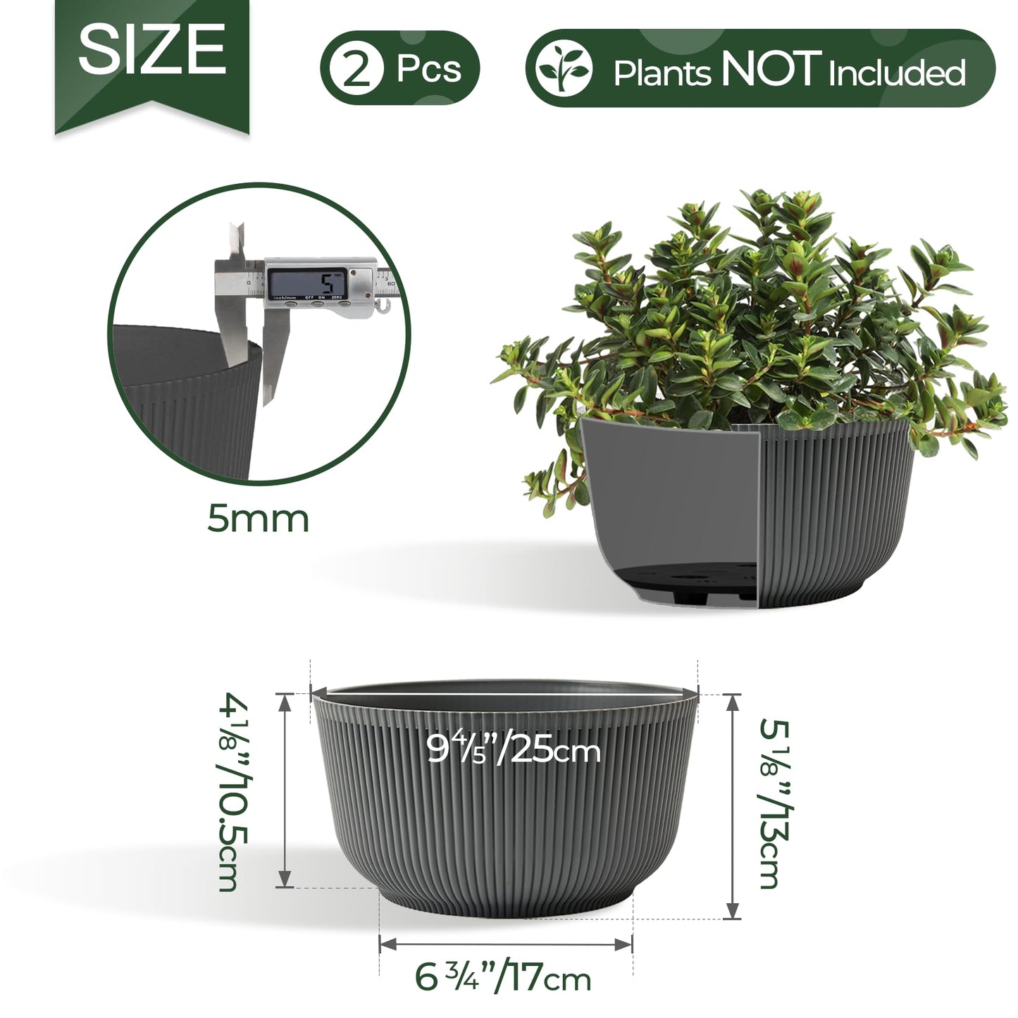 T4U 10 Inch Self Watering Pots for Indoor Plants, 2 Pack Large Plant Pots, Self Watering Planter for Indoor Plants, Durable Plastic Pots (2 Pack,10", Gray)