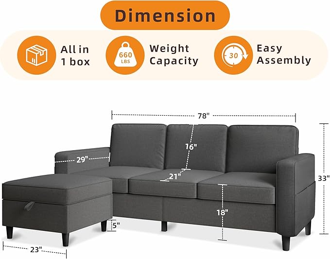 Sectional Sofa Couches for Living Room, Comfy Fabric Convertible Sectionals