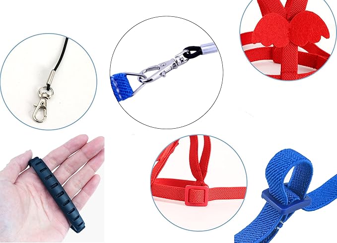 Parrot Harness and Leash Set - Elastic Rope with Blue Adjustable Harness Cute Wing, Suitable for Medium Size Bird Like Small Red-Breasted Parakeet, Caique, Mini Macaw